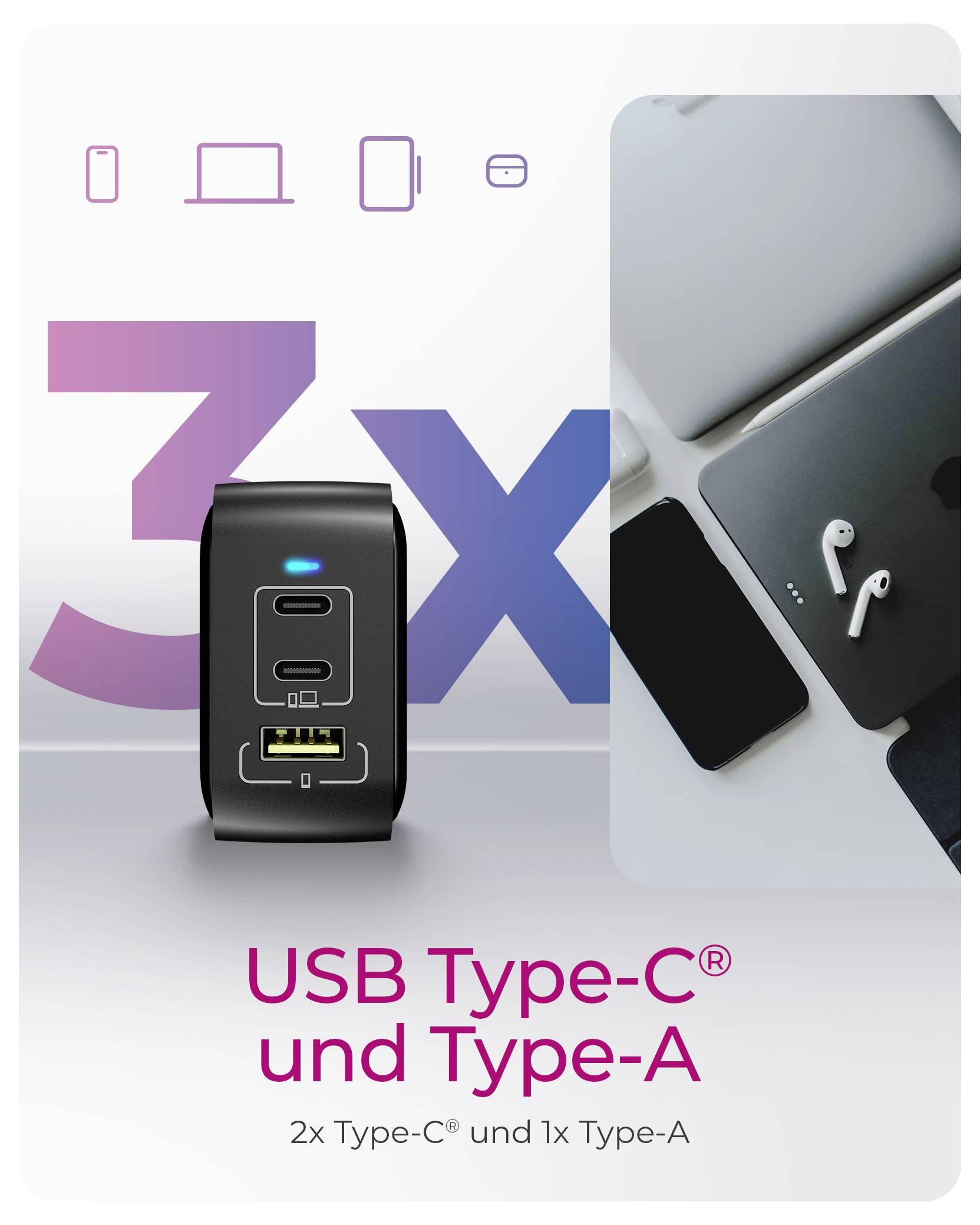 Concentrateur de charge USB 3X de type C et type A avec un design noir, présenté à côté d'un ordinateur portable, d'une tablette et d'un smartphone. Texte : "2x Type-C et 1x Type-A".