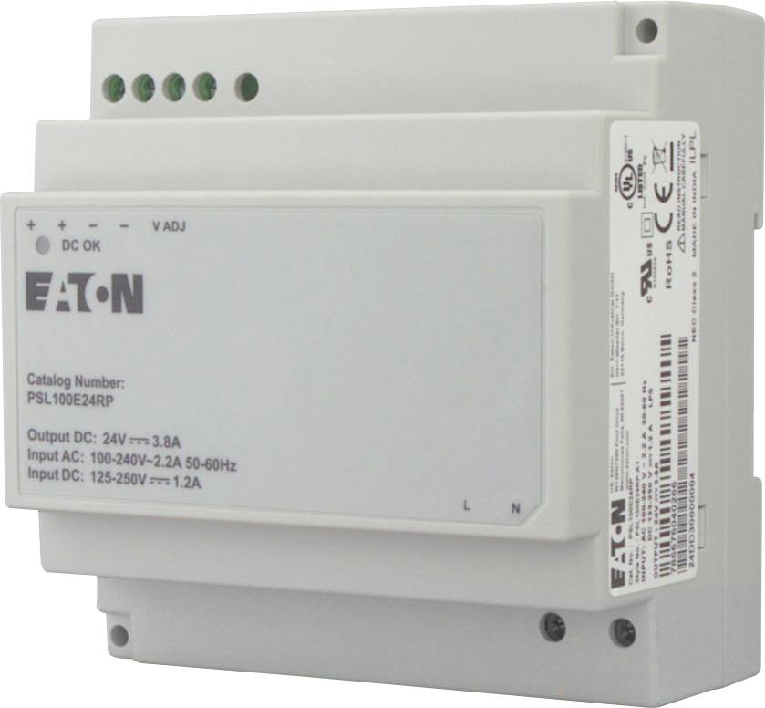 Module d'alimentation industriel pour rail DIN de marque « Eaton » ; entrées étiquetées : 100-240V CA, sortie 24V, et autres spécifications techniques.