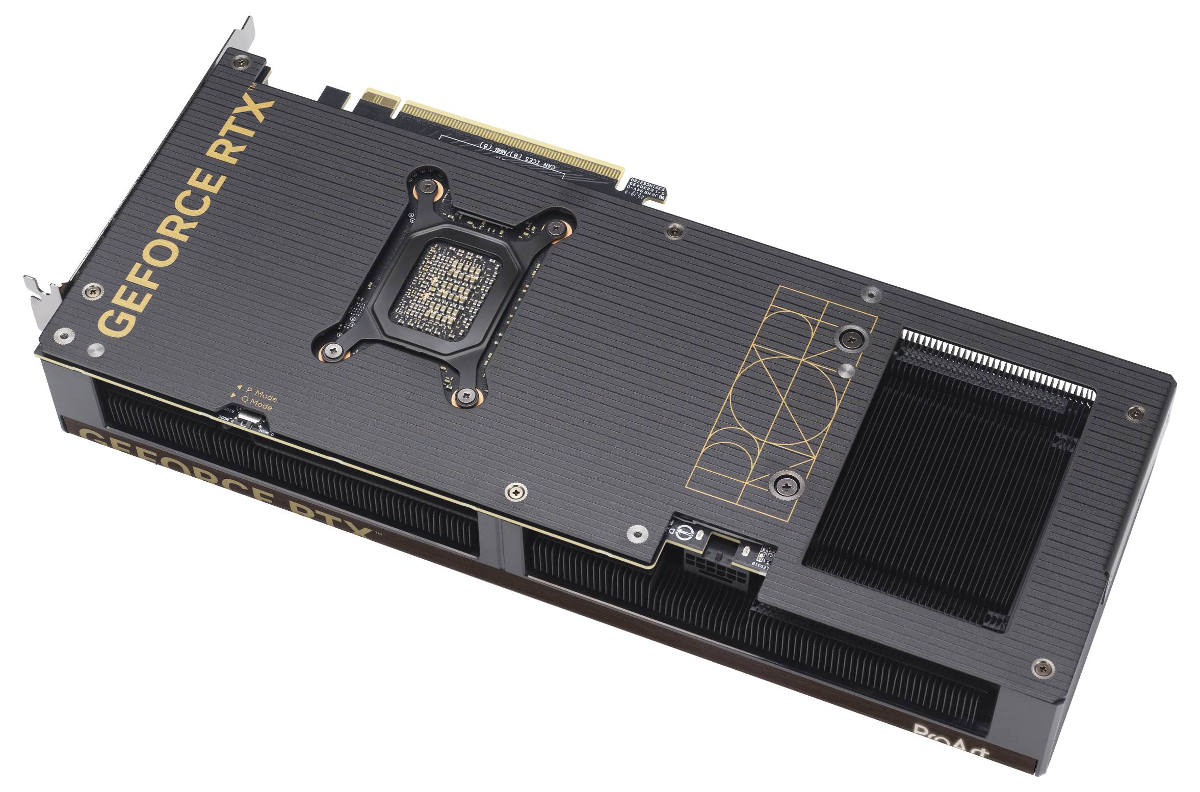 Une carte graphique GeForce RTX noire avec un ventilateur de refroidissement visible et des détails d'accents dorés, positionnée à un angle diagonal.