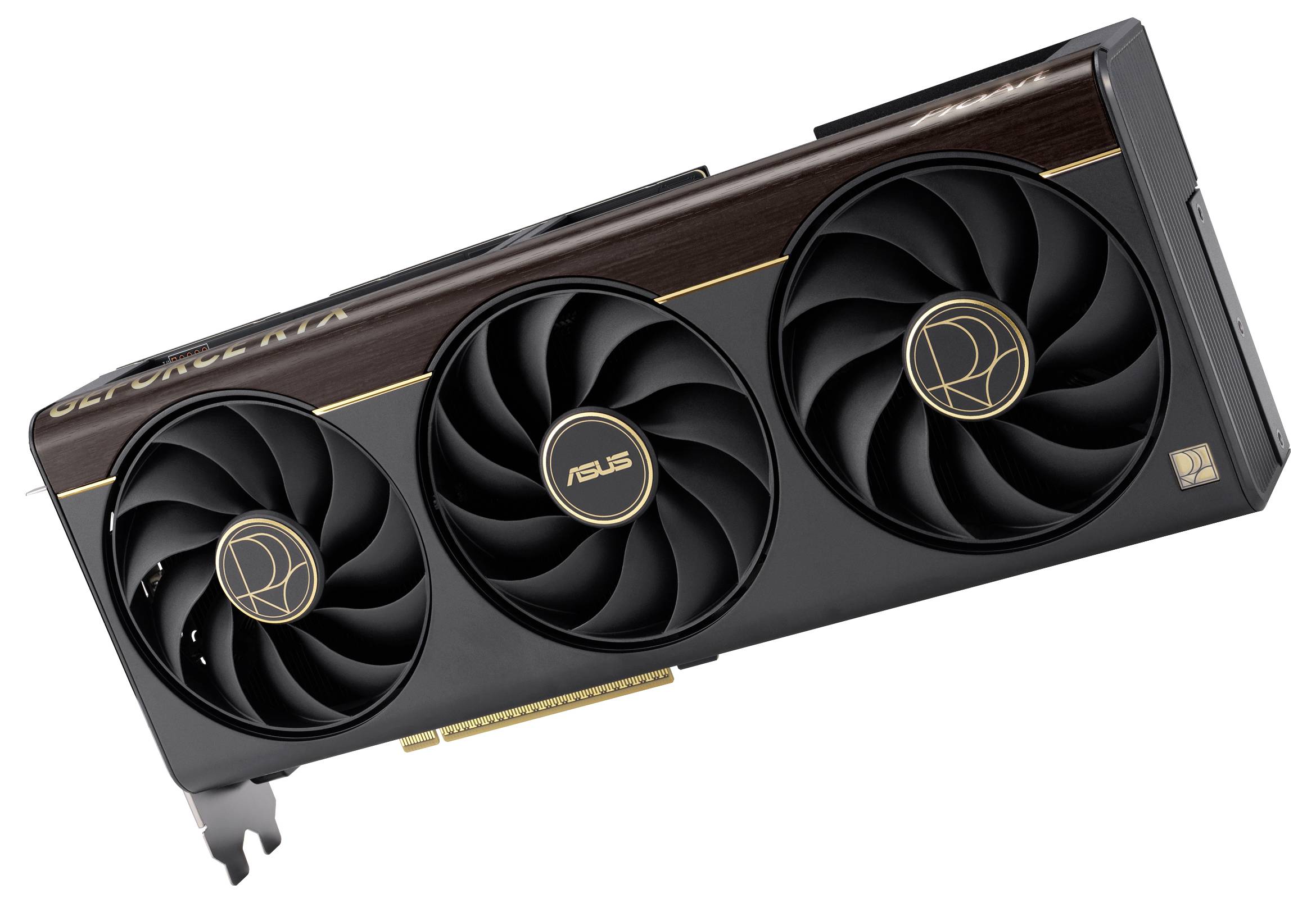 Une carte graphique équipée de trois grandes ventilateurs, avec le logo « ASUS » au centre du ventilateur du milieu et un schéma de couleurs marron et noir.