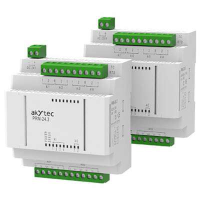 « Deux modules de relais programmables akYtec PRM-24.3 avec blocs de bornes verts et ports de connexion étiquetés. »