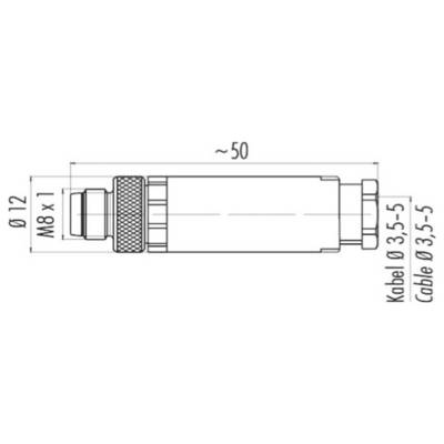 Dessin technique d'un connecteur cylindrique avec dimensions : longueur 50 mm, diamètre 12 mm. Texte : 'Kabel Ø 3.5-5, Câble Ø 3.5-5'.