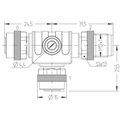 Dessin technique d'un raccord de tuyauterie en forme de T avec dimensions étiquetées. Le raccord présente une section centrale circulaire et des extrémités filetées marquées M12x1 et SW13.