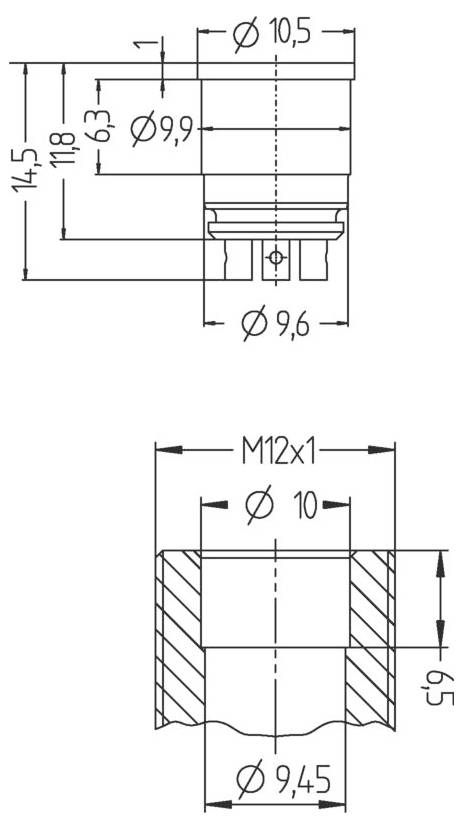 Dessin technique représentant les dimensions d'un composant cylindrique avec deux vues. Comprend des mesures telles que diamètre 10,5 et filetage M12x1.