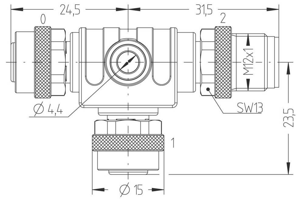 Dessin technique d'un raccord de tuyauterie en forme de T avec dimensions étiquetées, comprenant 24,5 mm, 31,5 mm, 23,5 mm, et 15 mm. Inclut un filetage M12x1.