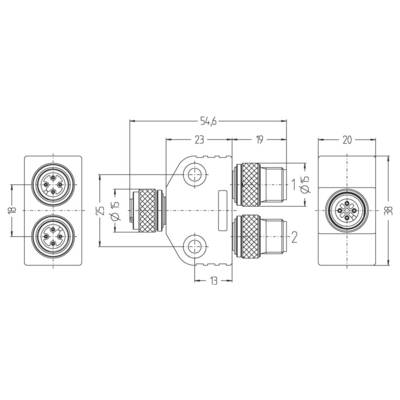 Schéma technique d'un connecteur avec dimensions : 54,6 de largeur, 38 de hauteur, et des diamètres de 15. Comprend des étiquettes pour différentes dimensions.