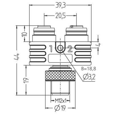 Dessin technique d'un connecteur en forme de T. Largeur totale : 39,3 mm. Sorties : diamètre de 10 mm, espacées de 20,5 mm. Base d'entrée : M12x1.