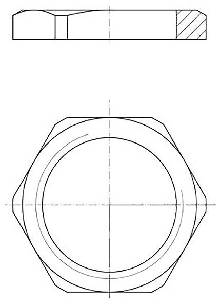 Dessin technique d'un écrou hexagonal, présentant les vues de dessus et de côté, avec des dimensions et des angles précis pour référence de fabrication.