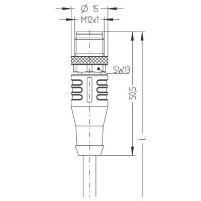 Dessin technique d'un connecteur cylindrique avec dimensions indiquées : diamètre 15 mm, filetage M12x1, longueur totale 50,5 mm, taille de l'écrou SW13.