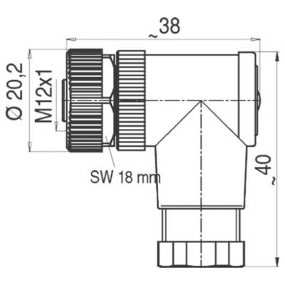 Schéma technique d'un connecteur avec dimensions : longueur 38 mm, hauteur 40 mm, diamètre 20,2 mm. Étiquettes incluant « M12x1 » et « SW 18 mm ».