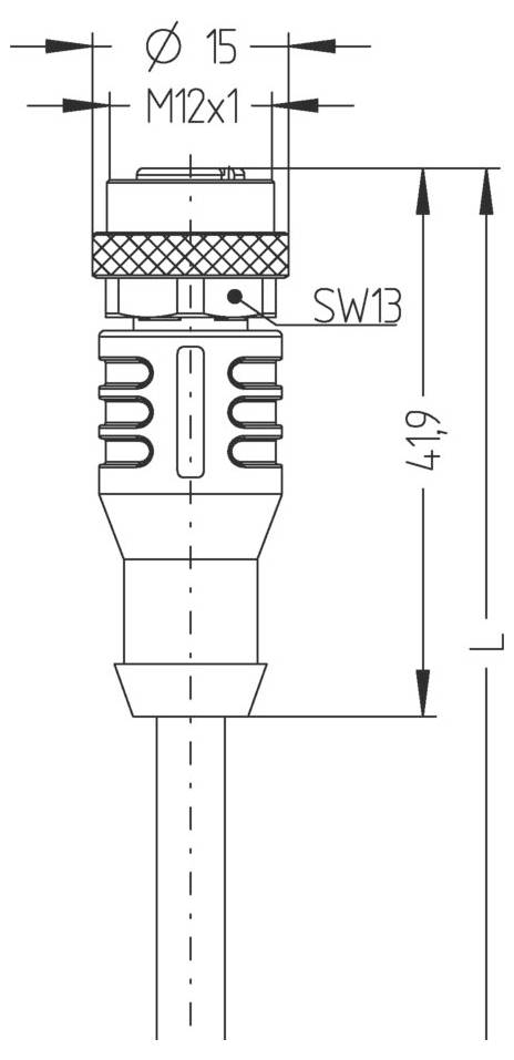 Dessin technique d'un connecteur cylindrique, étiqueté SW13, avec les dimensions : diamètre 15 mm, longueur 49 mm. Présente une section filetée M12x1.