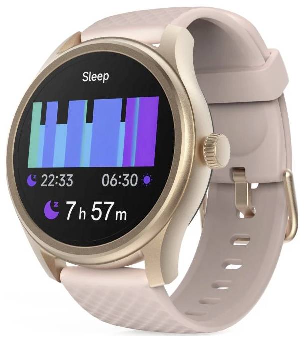 Une montre connectée avec un bracelet rose affiche un écran de suivi du sommeil indiquant une durée de sommeil de '7h 57m' avec des graphiques à barres et des heures '22:33' à '06:30'.