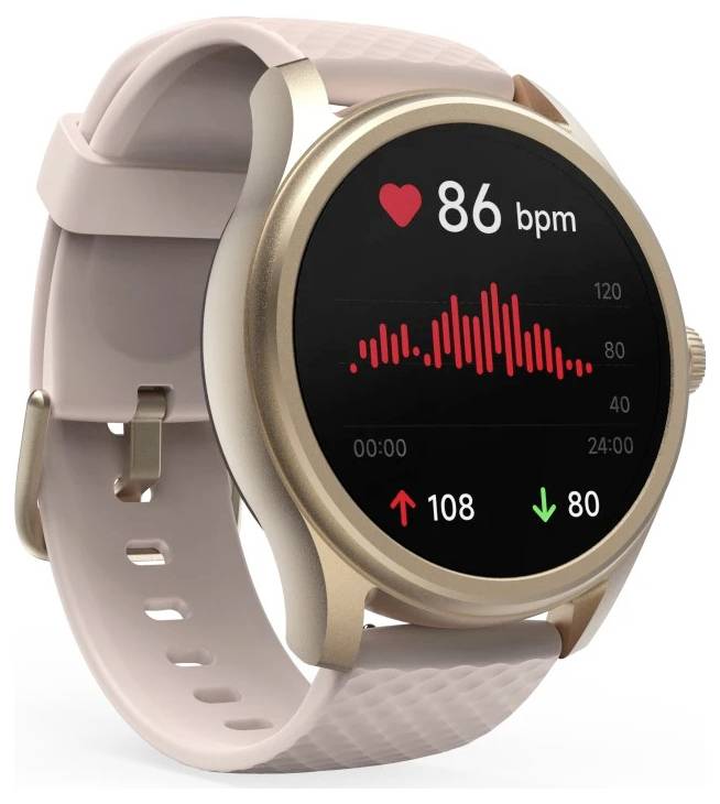 Une montre connectée avec un bracelet beige affichant un rythme cardiaque de 86 bpm, une icône de cœur rouge et un graphique avec un pic à 108 et un point bas à 80.