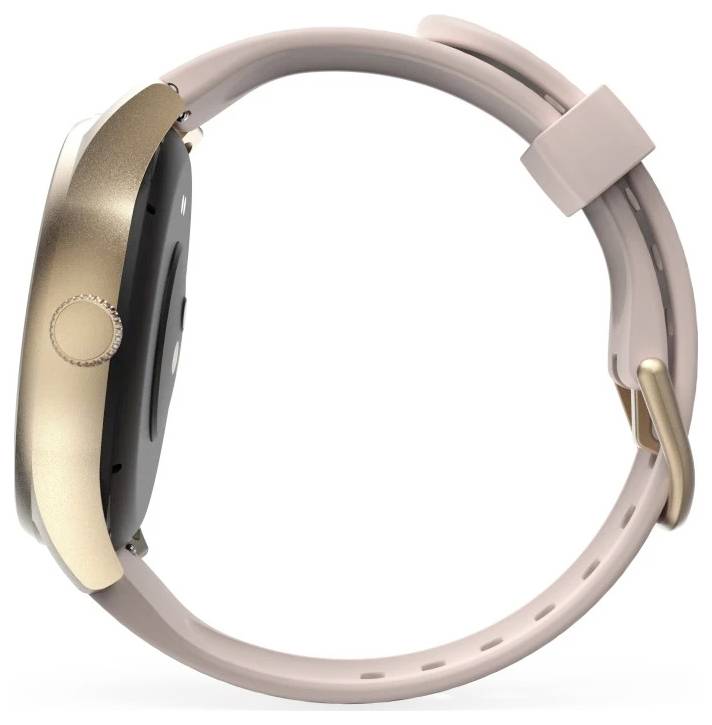 Une montre connectée avec un boîtier doré et un bracelet rose, vue de côté, présentant son design épuré et minimaliste.