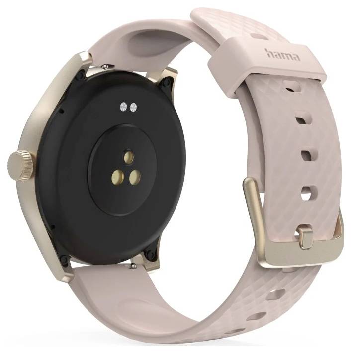 Montre connectée avec une sangle rose et une boucle dorée, montrant la vue arrière avec des capteurs et le nom de la marque gravé sur la sangle.