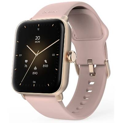 Une montre connectée avec un bracelet rose affiche des métriques de santé : fréquence cardiaque, nombre de pas et calories brûlées. La date '20' et le mois 'ACN' sont indiqués.