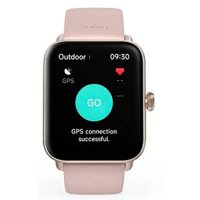 Une interface de montre intelligente affichant 'Extérieur', l'heure 09:30, une icône en forme de cœur, un signal GPS, et un grand bouton 'GO'. Le texte indique 'Connexion GPS réussie.'