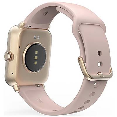Une montre connectée en or rose avec un bracelet rose, montrant son dos et ses capteurs.