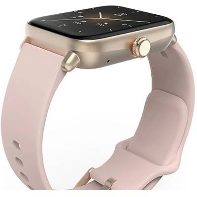 'Une montre connectée avec un boîtier en or rose et un bracelet rose, affichant un cadran analogique avec des aiguilles dorées et des chiffres marqueurs.'