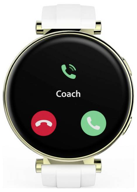Écran de montre connectée affichant un appel entrant de « Coach » avec options de répondre ou de refuser l'appel.