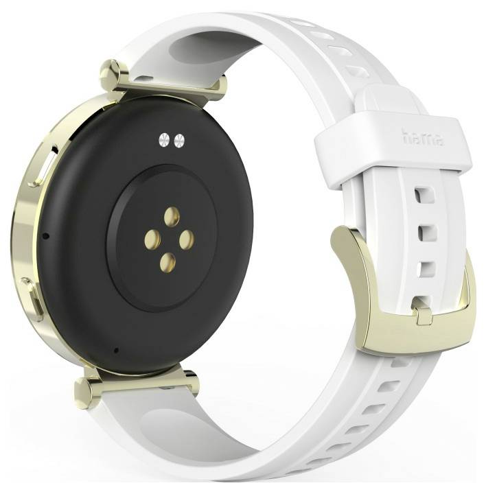 Une montre intelligente avec un bracelet blanc et or ajustable et un capteur circulaire noir sur la face inférieure.