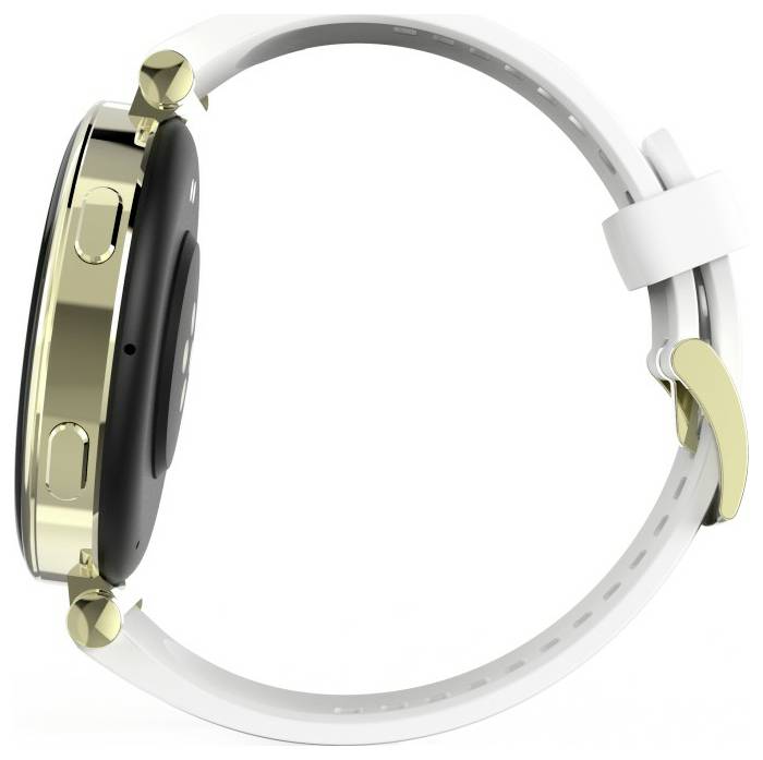 «Une montre connectée avec un boîtier doré et un bracelet blanc, vue de côté, montrant ses boutons et son design élégant.»