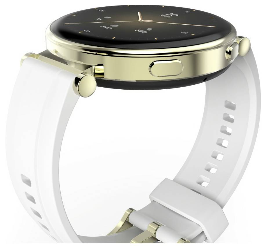 Une montre intelligente élégante bordée d'or avec un bracelet blanc, équipée d'un écran tactile rond affichant l'heure et des icônes de fitness, vue sous un angle latéral.