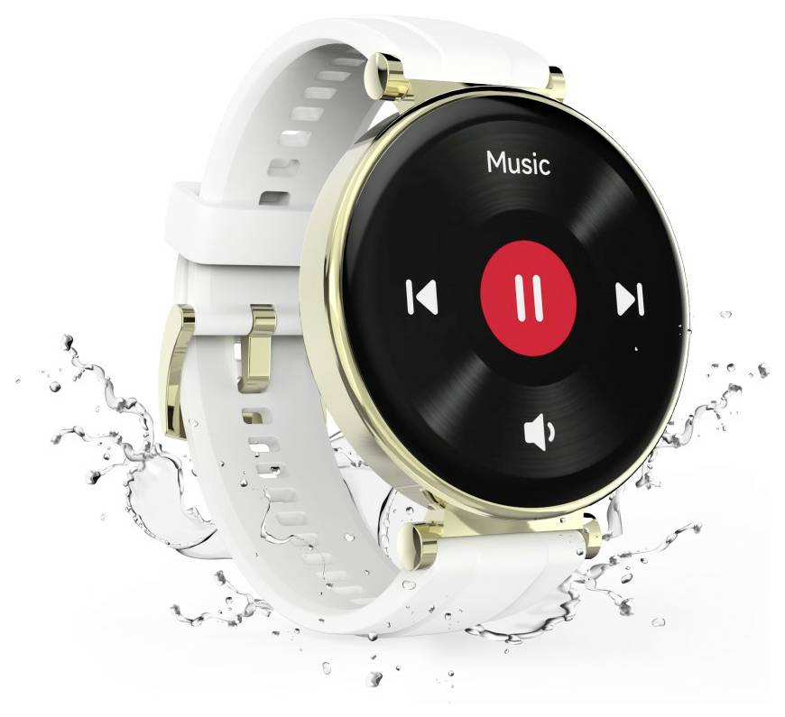 Montre connectée avec un cadre en or et un bracelet blanc affichant une interface d'application musicale avec un bouton de lecture/pause, entourée de projections d'eau.