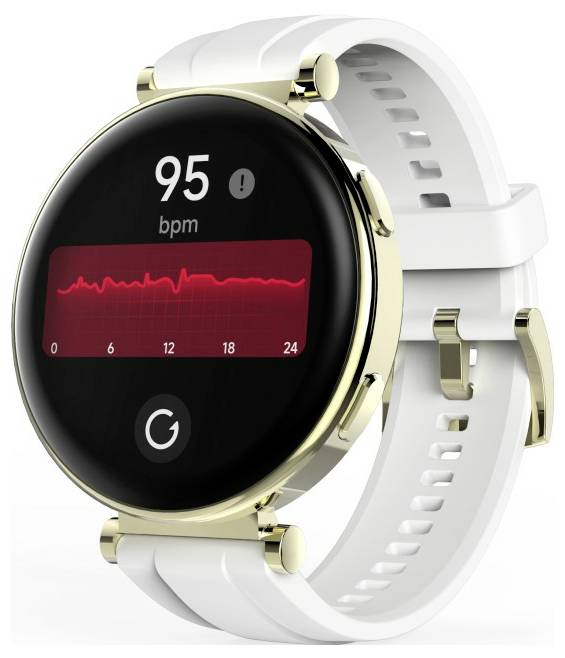 Une montre connectée avec un affichage de fréquence cardiaque indiquant '95 bpm' et un graphique linéaire rouge. Elle dispose d'un bracelet blanc et d'un boîtier de couleur dorée.