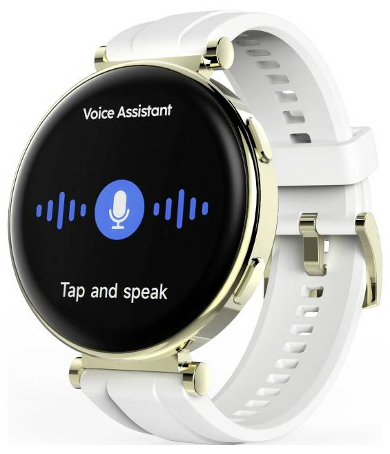 Une montre intelligente ronde avec un bracelet blanc affiche « Assistant vocal » sur l'écran, avec une icône de microphone accompagnée du texte « Appuyez et parlez ».
