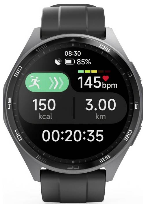 'Une montre connectée affichant des statistiques d'activité : 00:20:35 durée, 3,00 km distance, 150 kcal brûlées, 145 bpm fréquence cardiaque, 85% batterie.'