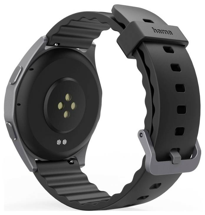 Une montre connectée noire avec un bracelet flexible et un dos circulaire équipé de capteurs, conçue pour le suivi de la condition physique et de la santé.