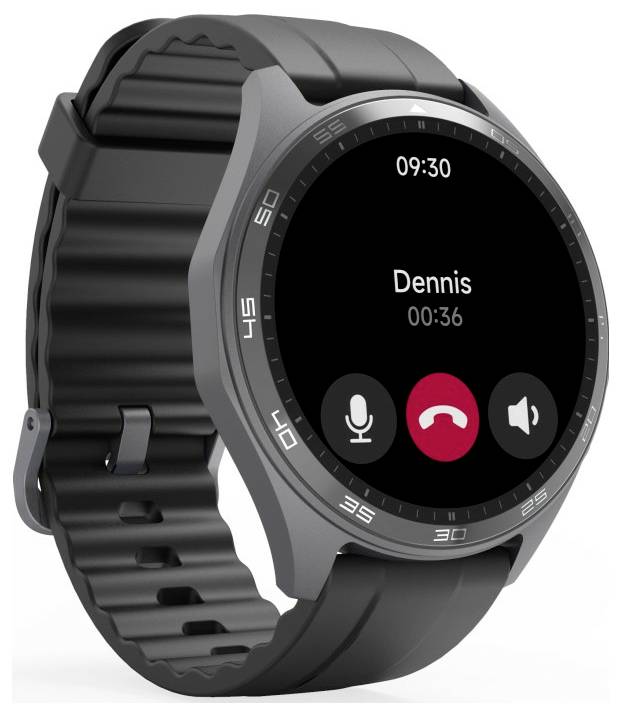 Un smartwatch affiche un écran d'appel actif montrant un appel avec 'Dennis', avec des options pour mettre en sourdine, raccrocher ou ajuster le volume.