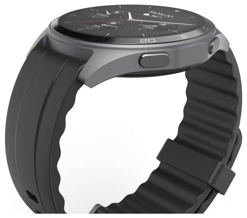 Une montre connectée avec un bracelet noir élégant et un écran numérique rond affichant plusieurs icônes d'applications.