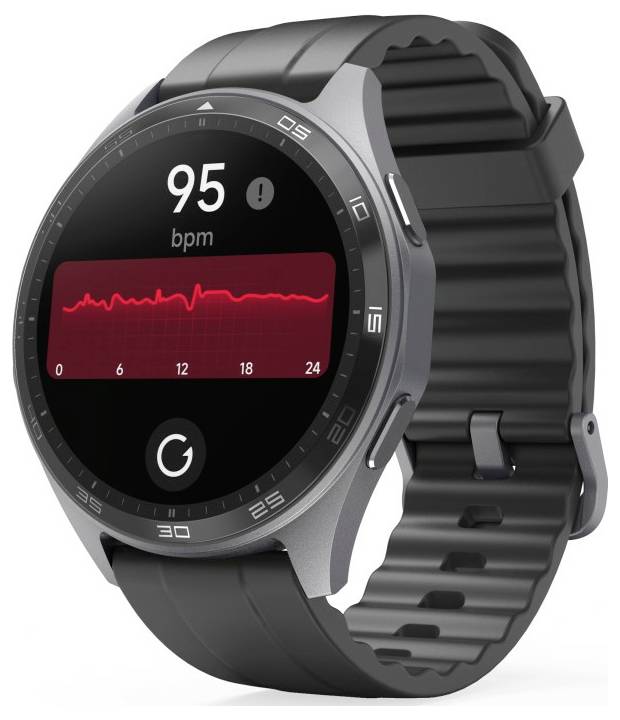 « Une montre connectée affichant un rythme cardiaque de 95 battements par minute avec une ligne de pouls rouge à l'écran. Bracelet noir avec un cadre métallique. »