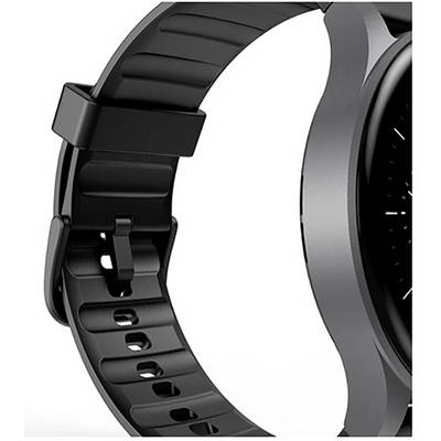 Un gros plan d'une montre intelligente noire montrant le bracelet et le côté du cadran circulaire. Le bracelet présente plusieurs trous pour le bouton.