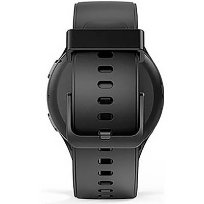 Une montre connectée noire avec un bracelet en caoutchouc, vue de dos, mettant en évidence la boucle et les trous du bracelet.
