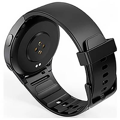 Une montre connectée élégante en noir avec un cadran arrondi et une bracelet ajustable est présentée de dos, mettant en évidence ses composants capteurs.