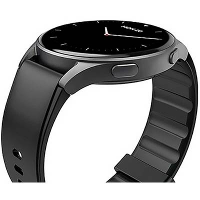Une montre intelligente élégante en noir avec un cadran rond, présentant un design minimaliste et un bouton latéral visible, présentée en angle.