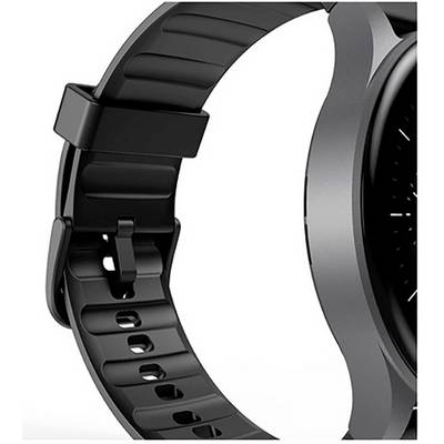Une image en gros plan d'un bracelet de montre intelligente noir avec un boîtier métallique, mettant en valeur son design texturé et sa boucle de bracelet réglable.