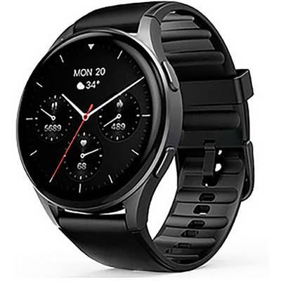 Une montre connectée noire affichant un cadran rond avec des informations météorologiques ('Lun 20, 34°') et des statistiques de fitness telles que le nombre de pas, le rythme cardiaque et les calories brûlées.