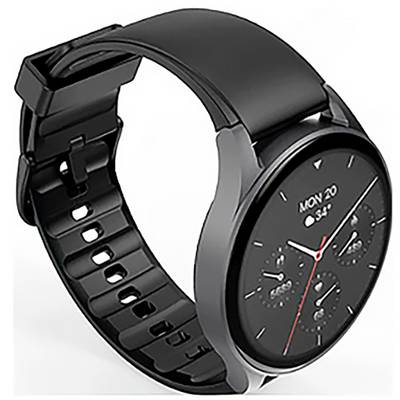 Une montre connectée noire affichant l'heure et la date, 'LUN 20', avec une icône météo indiquant 1°C. La montre a un cadran rond et un bracelet noir.