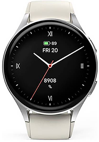 Une montre connectée affichant l'heure 10:09, la date comme étant vendredi 20, avec une icône de batterie pleine. La montre a un cadran noir rond et un bracelet beige.