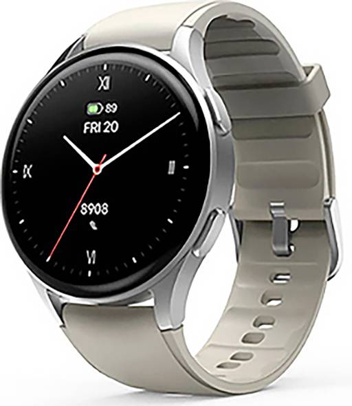 Une montre connectée argentée avec un cadran rond et une bracelet beige, affichant l'heure 8:08 et la date 'VEN 20'.