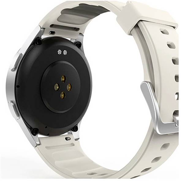 Une montre connectée portable avec une sangle réglable beige et un capteur circulaire noir à l'arrière, conçue pour le suivi de la condition physique et de la santé.