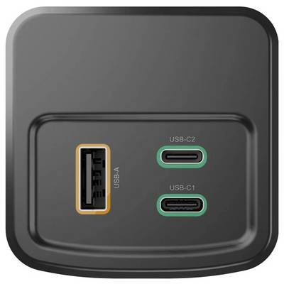 « Un dispositif de charge noir avec deux ports USB-C étiquetés USB-C1 et USB-C2, et un port USB-A. »