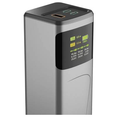 Un power bank élégant affiche les données de charge sur un écran numérique, montrant la puissance totale de sortie, les sorties individuelles des ports et l'état de la batterie.