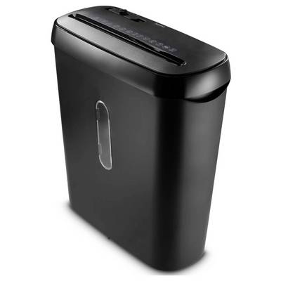 Un destructeur de documents noir avec une fente sur le dessus et une fenêtre transparente sur le côté permettant de voir le contenu.
