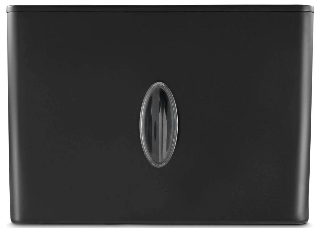 Un objet rectangulaire noir avec une ouverture ovale verticale au centre, ressemblant à un distributeur ou à un récipient.