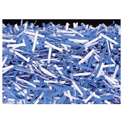 Une pile de bandes de papier déchiquetées bleues et blanches, créant un motif stratifié et texturé.